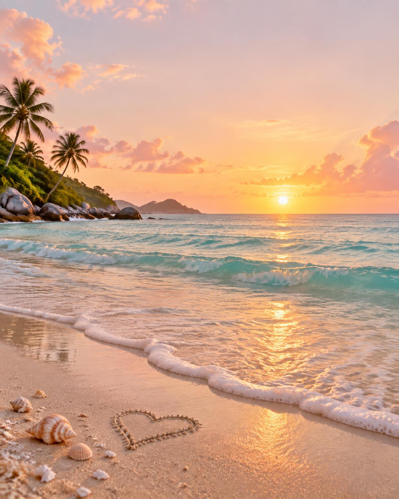 A sunrise over a tropical beach with a heart drawn in the sand